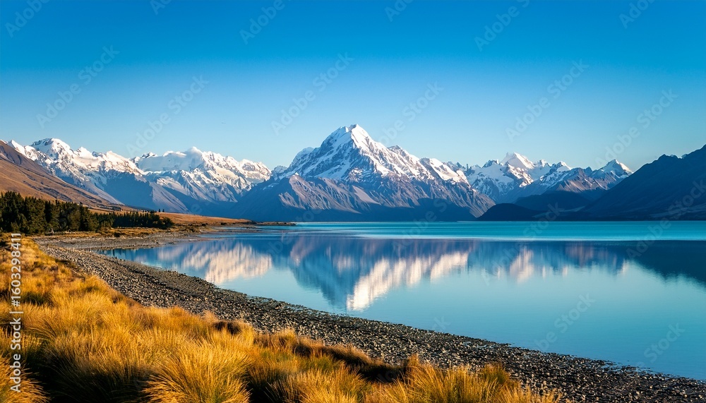Obraz premium mount cook landscape reflection on lake pukaki the highest mountain in new zealand and popular travel destination