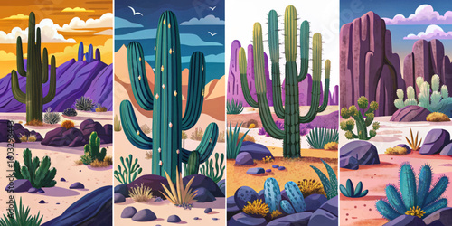 Set of Saguaro National Park East at sunset time, Tucson, Arizona amazing sky and Group of Tall Saguaro Cactus Plants collection