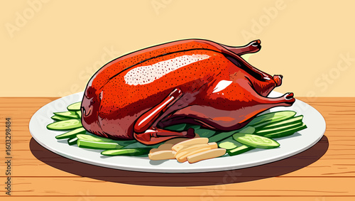 Roasted Peking duck on plate with cucumbers illustration