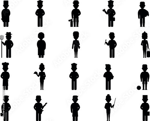 Diverse Silhouette People, Representing Various Professions and Occupations, in Vector