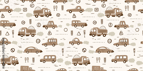 Earth-Toned Kids Seamless Pattern With Toy Cars And Traffic Signs. Playful Background For Nursery, Fabrics, Wallpaper. Vector Doodle Illustration