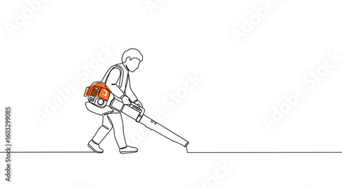 Man using a leaf blower in a city park - line art illustration  
