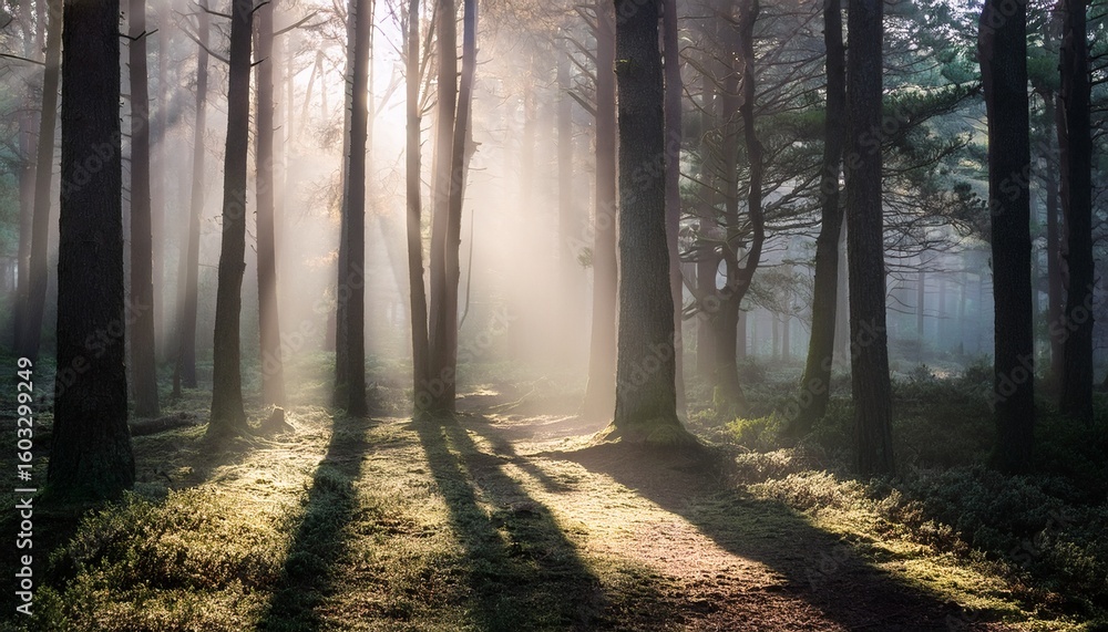 Fototapeta premium ethereal forest misty light dappled shadows light ethereal