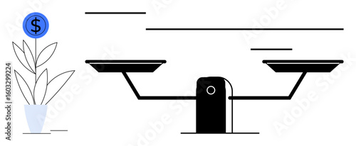 Plant growing with dollar sign as flower beside balancing scales. Ideal for finance, investment, growth, balance, economics, sustainability, decision-making. Simplistic flat metaphor