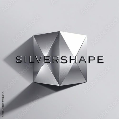 Geometric cube with metallic surface and triangular facets casting soft shadow on light surface design element