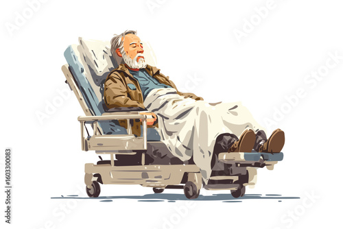 Old man in medical bed isolated
