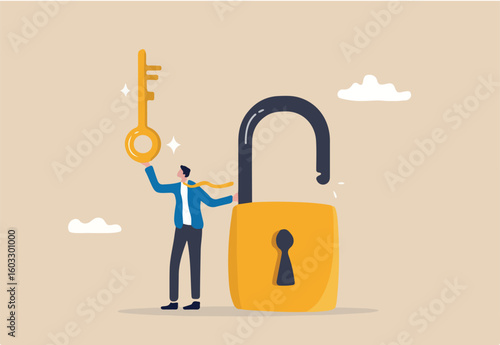 Golden key to unlock, solve business problem, professional to give solutions, success business key or unlock business accessibility concept, smart businessman holding golden key to unlock the pad
