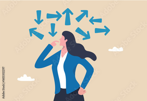 Tough decisions, choosing career path, make choices or think about final result, business directions challenge, confusion or decide options concept, businesswoman thinking and make business decisions