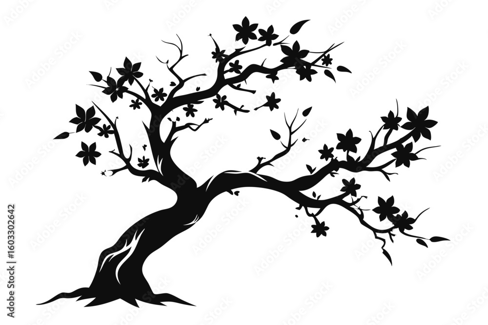 Obraz premium Silhouette of an Elegant Flowering Tree with Delicate Branches and FivePetaled Blossoms