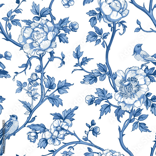 Floral Blue Chinoiserie. Toile De Jouy Vintage Seamless Pattern 10 Elegant Vector Graphics. Featuring delicate florals, buds, graceful birds, and romantic motifs, this seamless pattern is crafted to p