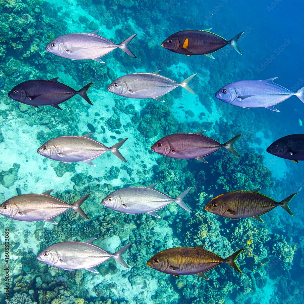 Fototapeta premium Vibrant School of Silver and Colored Fish Swimming Above a Coral Reef