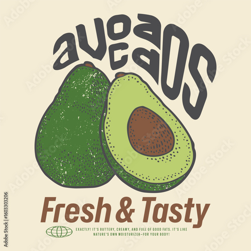 Avocado art, Summer food graphic, trendy fashion graphics. women's t shirt food print design. collage typography font this art, Vintage line drawing and doted Avocado illustration.