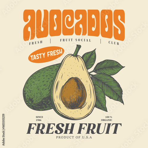 Avocado art, Summer food graphic, trendy fashion graphics. women's t shirt food print design. collage typography font this art, Vintage line drawing and doted Avocado illustration.