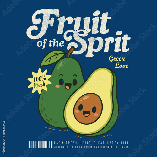 Avocado graphic, vintage hand-drawn fruits print design, Funny Cute Avocado Cartoon Vector T-shirt Design for Food Lovers, Summer print graphics in vector. T-shirt print in vector graphics,