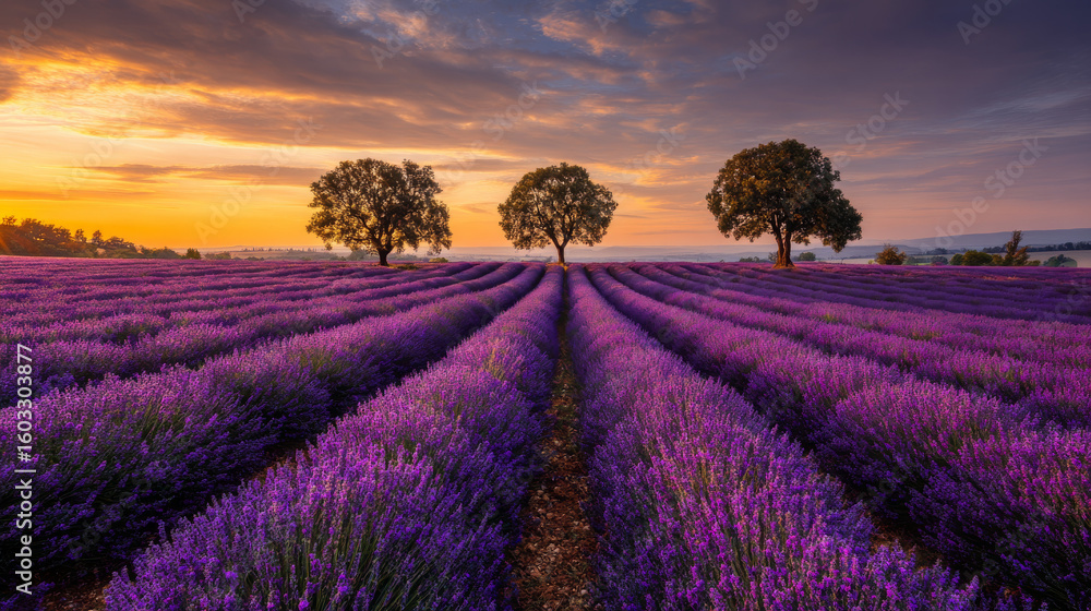 Obraz premium Captivating landscape of lavender fields in bloom at sunset, with dreamy skies and distant trees lining the horizon.