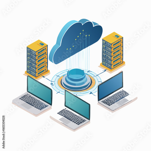 Isometric network infrastructure featuring servers, laptops and cloud connection