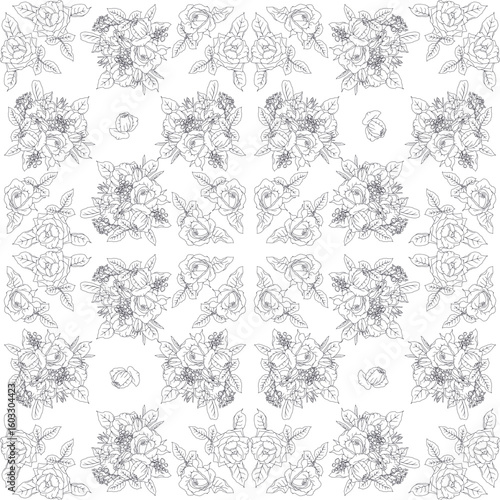 Vintage line art black rose sprigs seamless pattern with white backdrop. Romantic monochrome floral composition repeat background. Beautiful hand drawn botanical wallpaper for scarf designs.