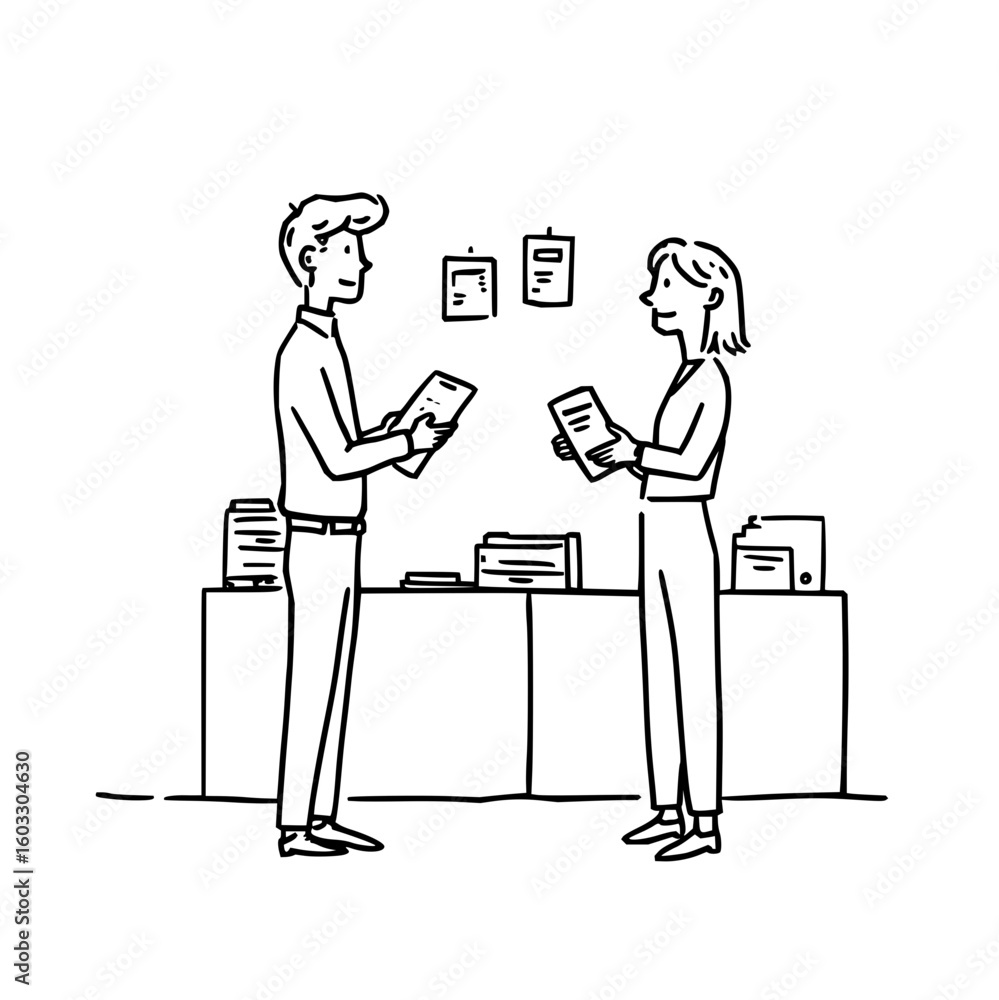 Two colleagues discussing documents in a modern office with tech equipment on a table nearby office life Two colleagues discussing documents in a modern office with tech equipment on a table nearby office life