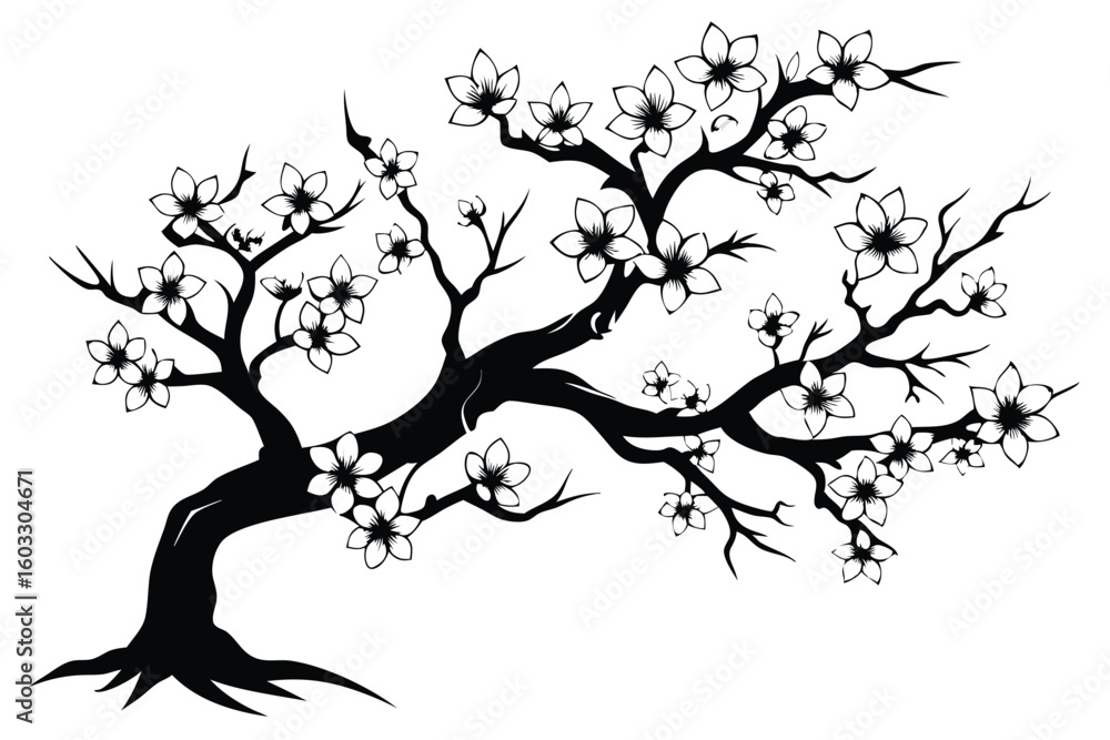 Fototapeta premium Elegant Cherry Blossom Tree Silhouette with Delicate Flowers and Branches on White