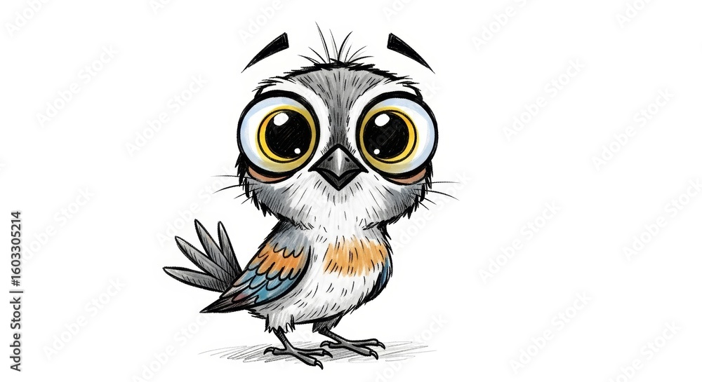 Fototapeta premium Cute cartoon bird character with big eyes in a children's style 