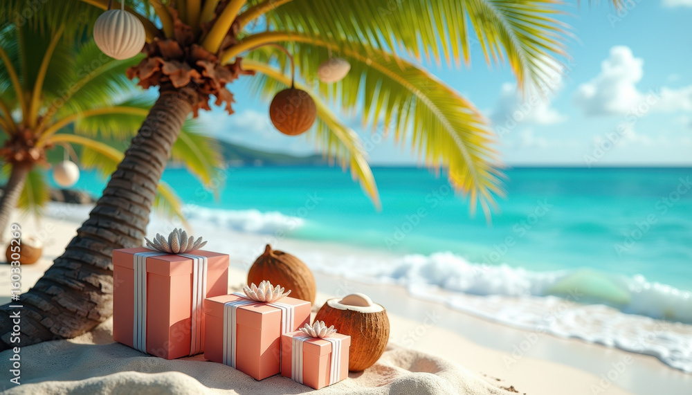 Obraz premium Vibrant tropical scene with gift boxes under a palm tree decorated with coconuts and seashell ornaments, cheerful beach holiday concept.