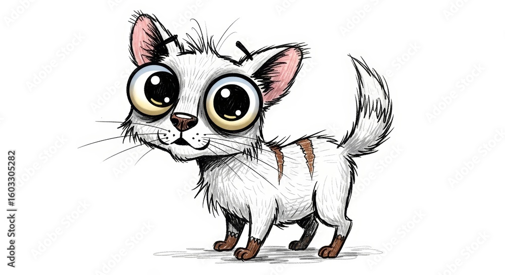 Obraz premium Cute cartoon cat with large eyes in a playful pose, children's style 