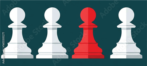 Unique red chess pawn standing out from white pieces