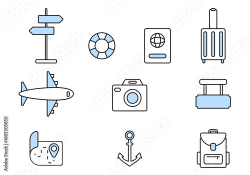 Travel Line Icons. Bundle of camping journey, global tourism, baggage, traveler objects