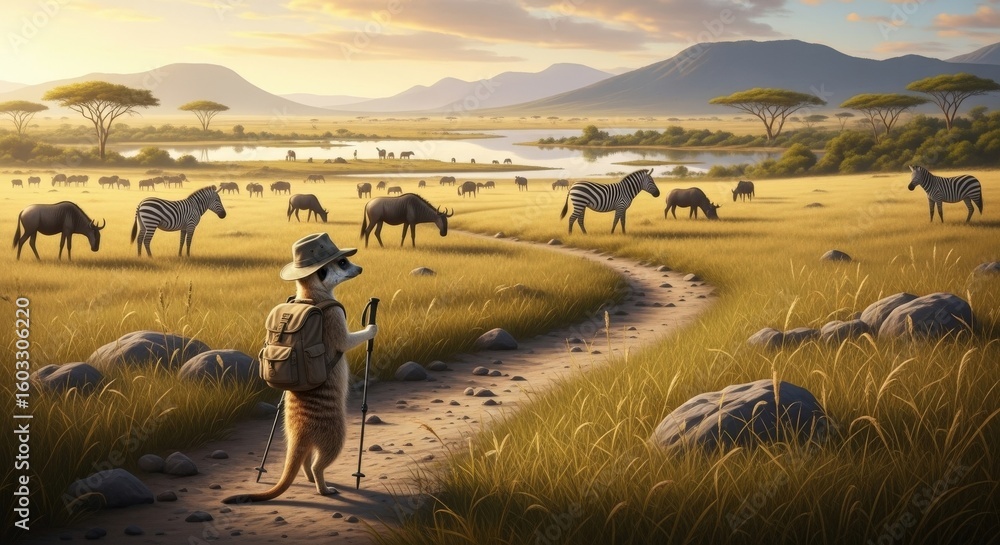 Obraz premium Banner for a travel company with a meerkat with trekking pole and a backpack walks along a path on an African safari with wild animals and lake in Savannah with soft sun light