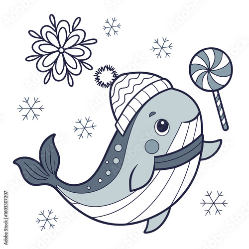 Charming SVG of a Gentle Whale featuring holding a lollipop, styled in a Cozy winter theme with Frosty Winter hues