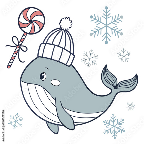 Charming SVG of a Gentle Whale featuring holding a lollipop, styled in a Cozy winter theme with Frosty Winter hues