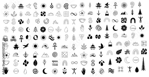 Holistic Wellness Spiritual healing yoga spa hand drawn Icons