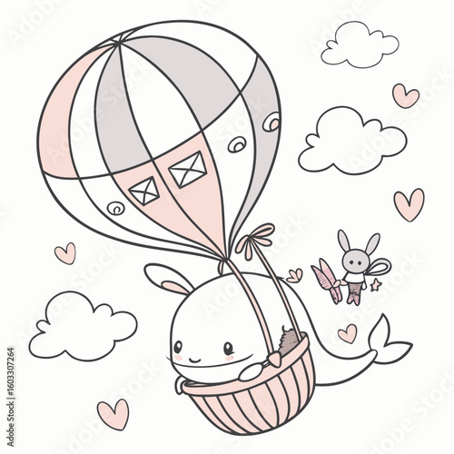 Vector illustration of a Bashful Whale with sitting in a teacup ride, styled in a Soft pastel theme using Soft Pastel colors