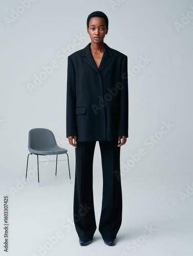 Woman in black oversized blazer and wide leg trousers fashion studio shot full length