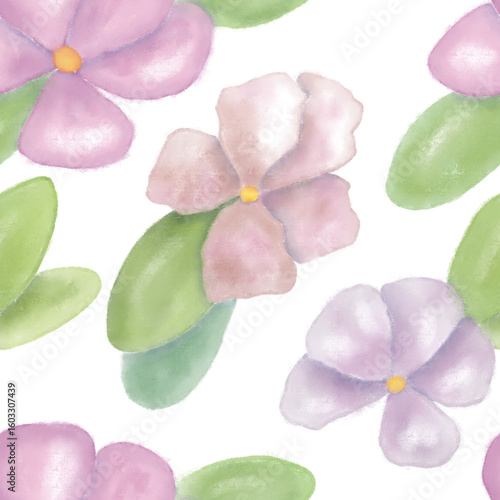 Digital seamless pattern of a pastel flower painting in shades of violet and green