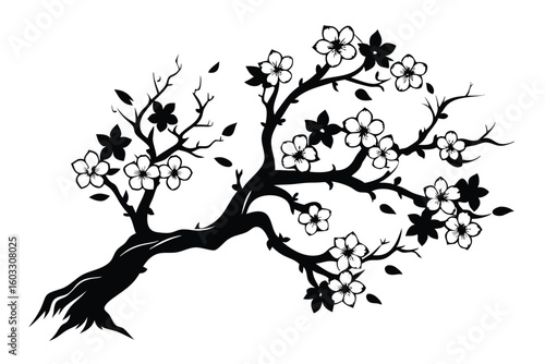 Black Silhouette Illustration of a Branchy Tree with Flowers and Leaves on Bare Branches