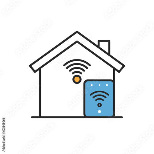 Smart house icon with wireless connection symbol and doorbell  