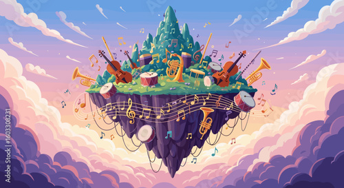 International Music Day illustration with floating island in cloudy sky, musical instruments, and musical notes. International Music Day celebration artwork includes vibrant instruments like violin,
