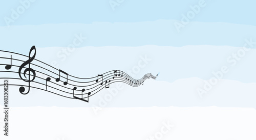 International Music Day design with wavy music notes over light blue background. International Music Day illustration displays clef symbols and musical rhythm, creating an upbeat, vibrant atmosphere.