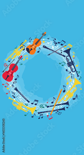 Musical Instruments Circle, Flat Style, Blue Background