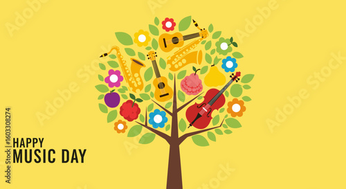 Music Instrument Tree on Yellow, International Music Day Concept