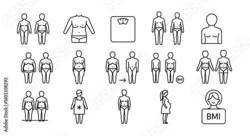Body Weight Line Icon Set – Overweight, Underweight, Pregnant, BMI, Scale, Human Figure Vector

