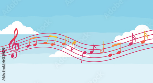 International Music Day design features musical notes and flowing staff against a pastel sky. International Music Day celebration needs cheerful background, making it apt for events.