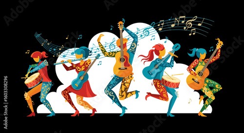 Celebrating International Music Day with joyful musicians and musical instruments against dark backdrop. International Music Day event, musicians expressing happiness while playing music,