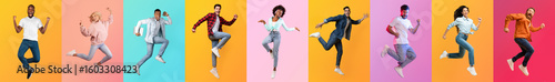 Photos A group of diverse individuals jumps happily against colorful backgrounds, showcasing joy and unity