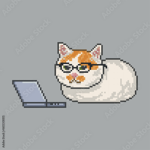 Computer cat with glasses, pixel art meme