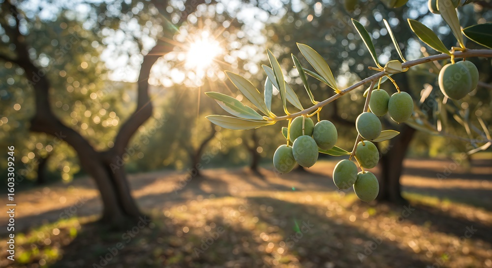Obraz premium Closeup of olive fruit on tree branch. Olive garden and sunlight background design. Mediterranean old olive trees growing