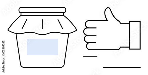 Jar with cloth lid and blank label beside thumbs-up hand. Ideal for homemade goods, approval, quality, simplicity, product endorsement, natural preserves, simple landing page