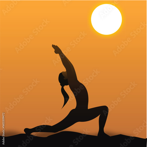 Serene silhouette of a woman performing yoga outdoors against a vibrant sunset, symbolizing peace, mindfulness, and fitness. The orange hues enhance calmness and reflect physical and mental well-being