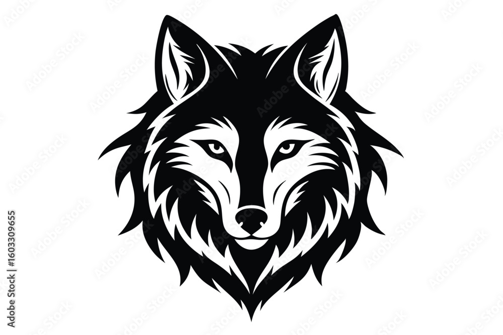 Obraz premium Striking Black Silhouette of a Wolf Head with Piercing Eyes and Detailed Fur